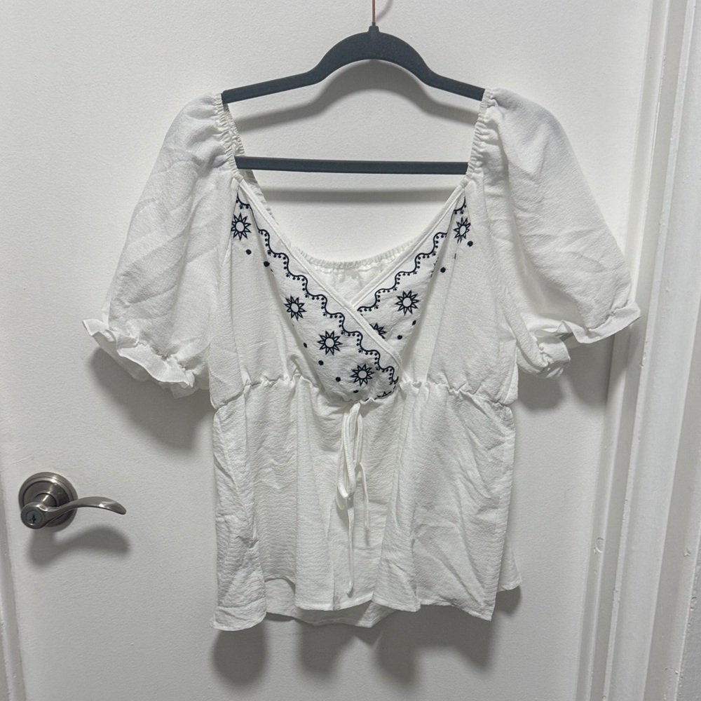 SHEIN White Blouse with Black Embroidery